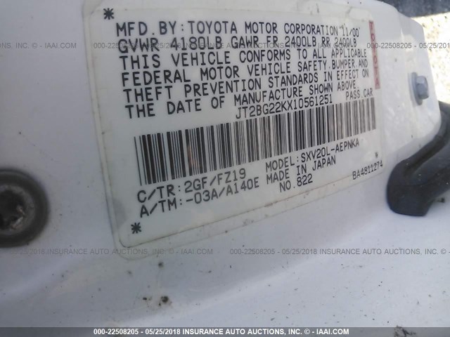 JT2BG22KX10561251 - 2001 TOYOTA CAMRY CE/LE/XLE 白色 照片 9