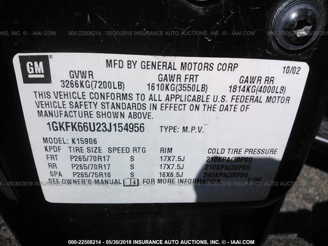 1GKFK66U23J154956 - 2003 GMC YUKON XL DENALI BLACK photo 9