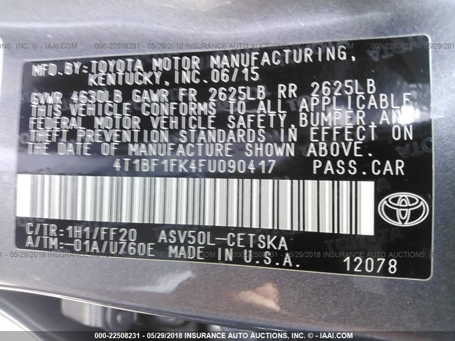 4T1BF1FK4FU090417 - 2015 TOYOTA CAMRY LE/XLE/SE/XSE 灰色 照片 9