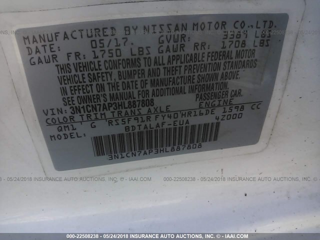 3N1CN7AP3HL887808 - 2017 NISSAN VERSA S/S PLUS/SV/SL WHITE photo 9