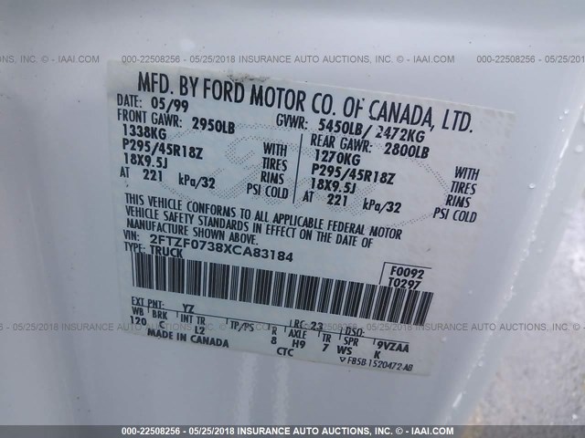 2FTZF0738XCA83184 - 1999 FORD F150 SVT LIGHTNING WHITE photo 9