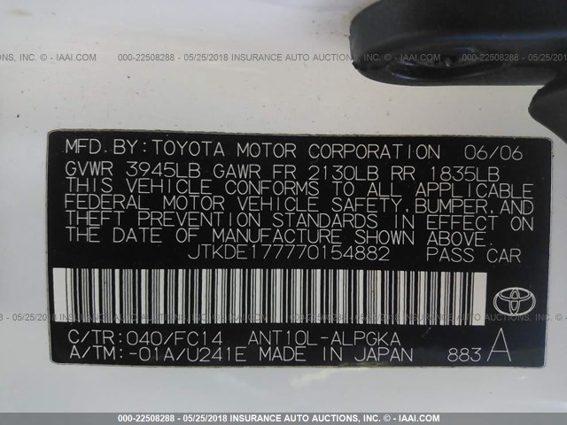 JTKDE177770154882 - 2007 TOYOTA SCION TC 白色 照片 9