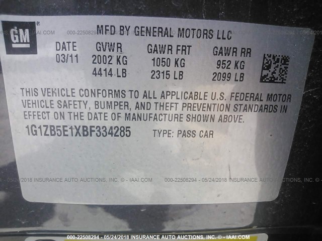 1G1ZB5E1XBF334285 - 2011 CHEVROLET MALIBU LS GRAY photo 9