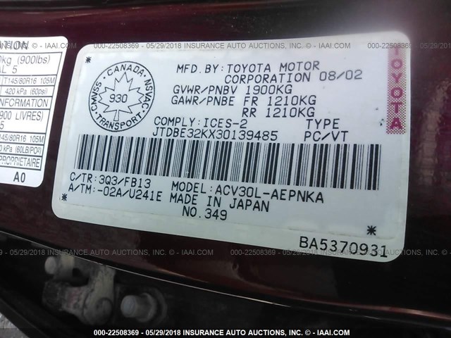 JTDBE32KX30139485 - 2003 TOYOTA CAMRY LE/XLE Kastanienbraun Foto 9