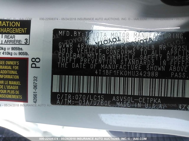 4T1BF1FK0HU342988 - 2017 TOYOTA CAMRY LE/XLE/SE/XSE თეთრი ფოტო 9