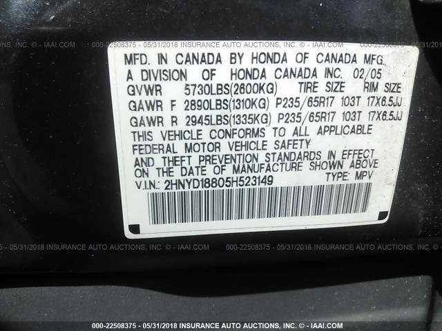 2HNYD18805H523149 - 2005 ACURA MDX TOURING GRAY photo 9