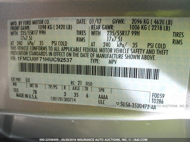 1FMCU0F71HUC92537 - 2017 FORD ESCAPE S SILVER photo 9