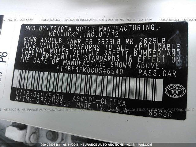 4T1BF1FK0CU546540 - 2012 TOYOTA CAMRY SE/LE/XLE 白色 照片 9