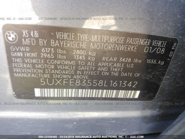 5UXFE83558L161342 - 2008 BMW X5 4.8I GRAY photo 9