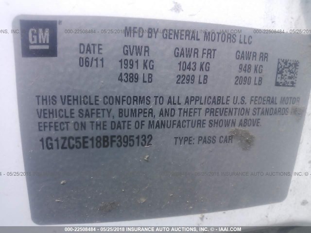 1G1ZC5E18BF395132 - 2011 CHEVROLET MALIBU 1LT 白色 照片 9