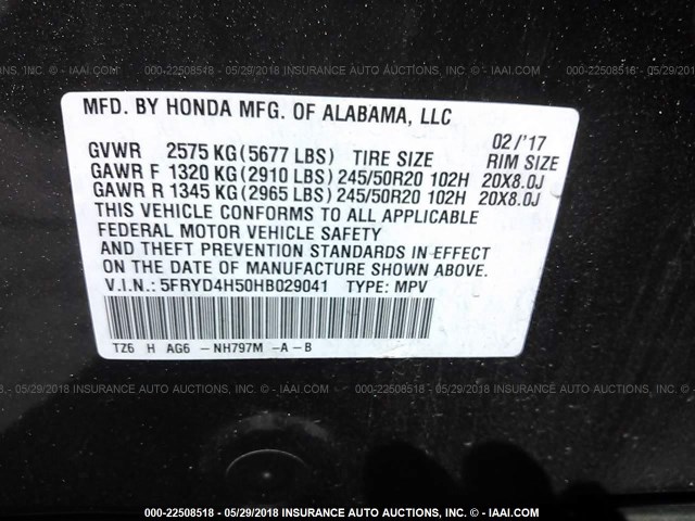 5FRYD4H50HB029041 - 2017 ACURA MDX TECHNOLOGY GRAY photo 9