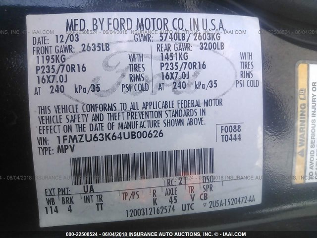 1FMZU63K64UB00626 - 2004 FORD EXPLORER XLT/XLT SPORT/NBX BLACK photo 9
