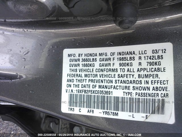 19XFB2F5XCE053691 - 2012 HONDA CIVIC LX GRAY photo 9