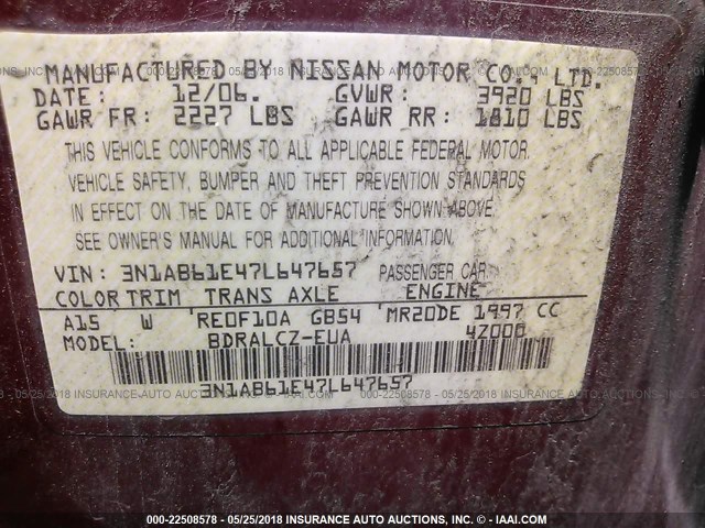 3N1AB61E47L647657 - 2007 NISSAN SENTRA 2.0/2.0S/2.0SL MAROON photo 9