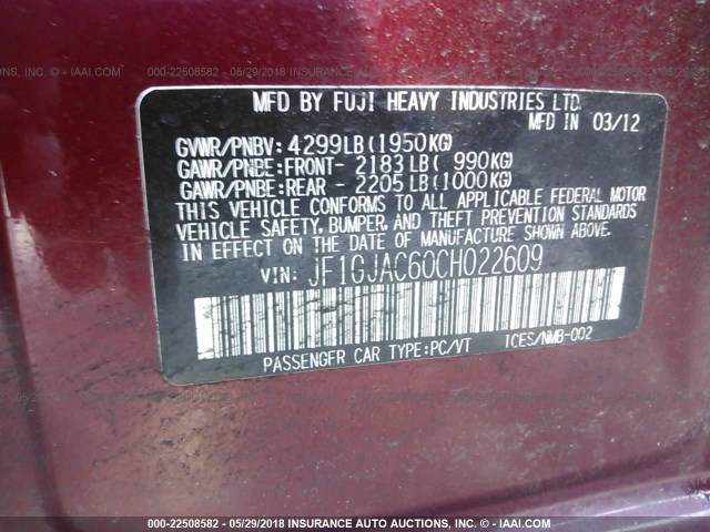 JF1GJAC60CH022609 - 2012 SUBARU IMPREZA PREMIUM MAROON photo 9