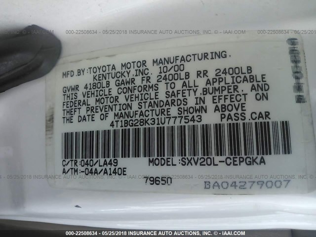 4T1BG28K31U777543 - 2001 TOYOTA CAMRY CE/LE/XLE 白色 照片 9