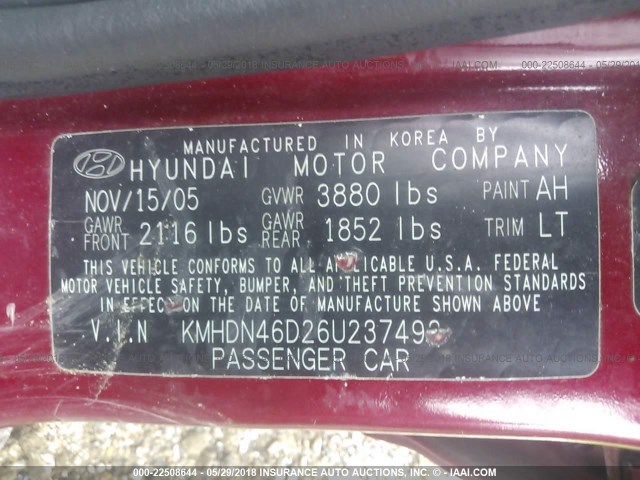 KMHDN46D26U237493 - 2006 HYUNDAI ELANTRA GLS/GT/LIMITED MAROON photo 9