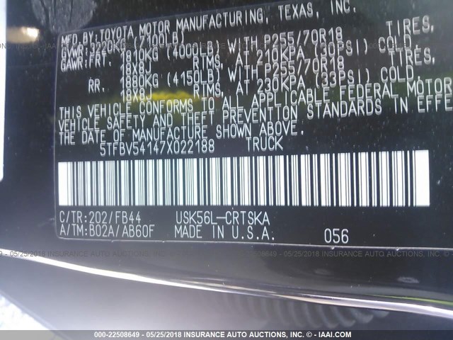 5TFBV54147X022188 - 2007 TOYOTA TUNDRA DOUBLE CAB SR5 BLACK photo 9