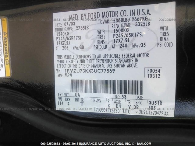 1FMZU73KX3UC77569 - 2003 FORD EXPLORER XLT/XLT SPORT/NBX BLACK photo 9