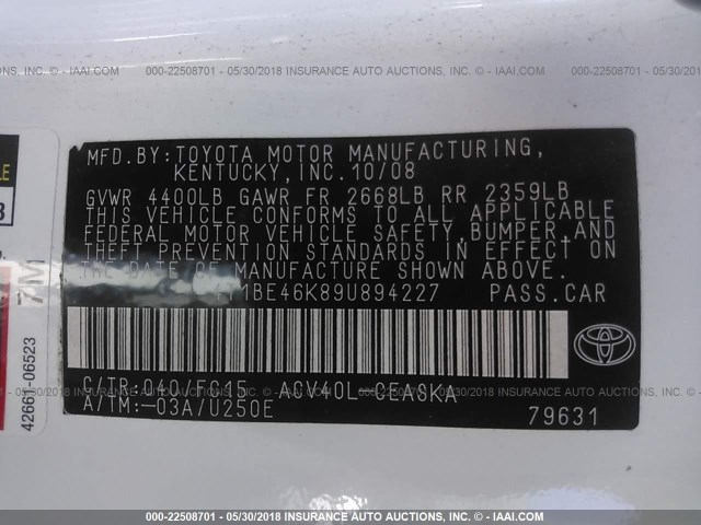 4T1BE46K89U894227 - 2009 TOYOTA CAMRY SE/LE/XLE თეთრი ფოტო 9