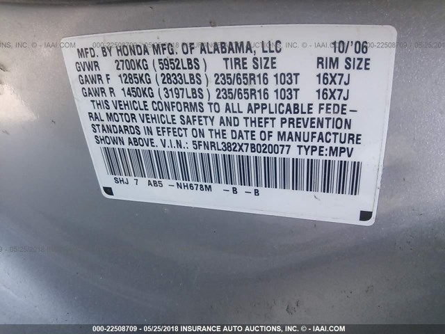 5FNRL382X7B020077 - 2007 HONDA ODYSSEY LX SILVER photo 9