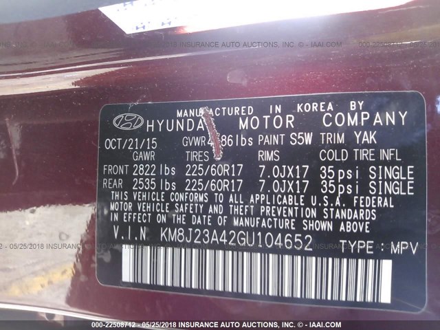 KM8J23A42GU104652 - 2016 HYUNDAI TUCSON SE MAROON photo 9