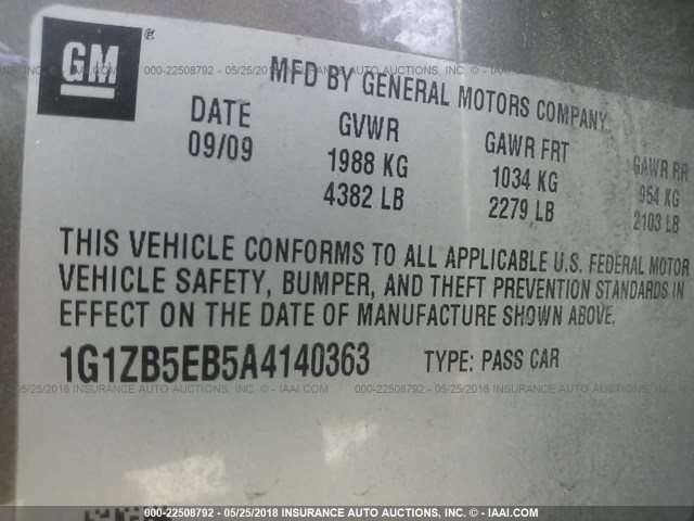 1G1ZB5EB5A4140363 - 2010 CHEVROLET MALIBU LS ყავისფერი ფოტო 9