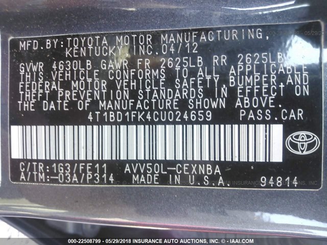 4T1BD1FK4CU024659 - 2012 TOYOTA CAMRY HYBRID/LE/XLE 灰色 照片 9