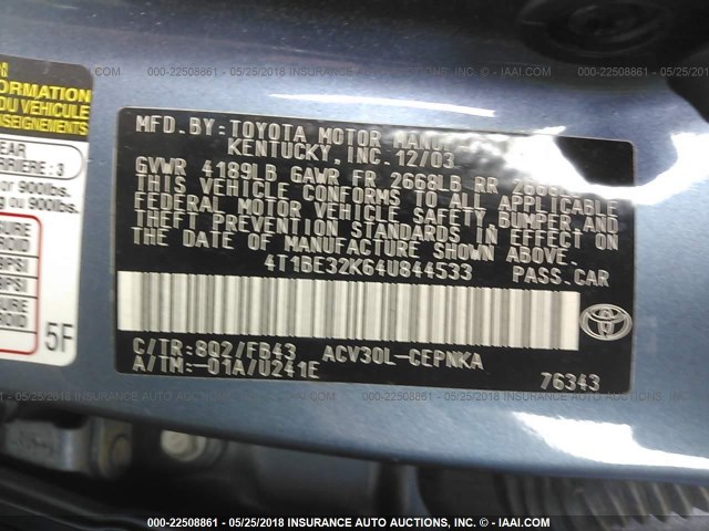 4T1BE32K64U844533 - 2004 TOYOTA CAMRY LE/XLE/SE BLUE photo 9