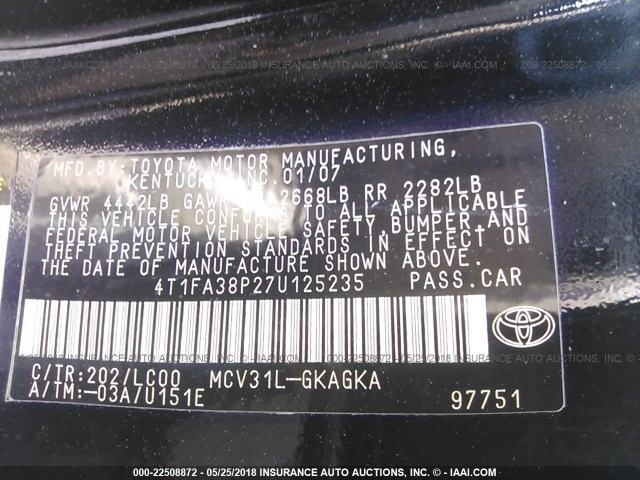 4T1FA38P27U125235 - 2007 TOYOTA CAMRY SOLARA SE/SLE BLACK photo 9