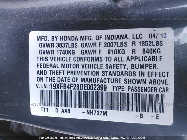 19XFB4F28DE002399 - 2013 HONDA CIVIC HYBRID GRAY photo 9