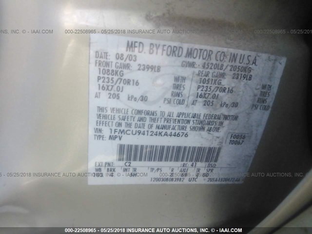 1FMCU94124KA44676 - 2004 FORD ESCAPE LIMITED GOLD photo 9