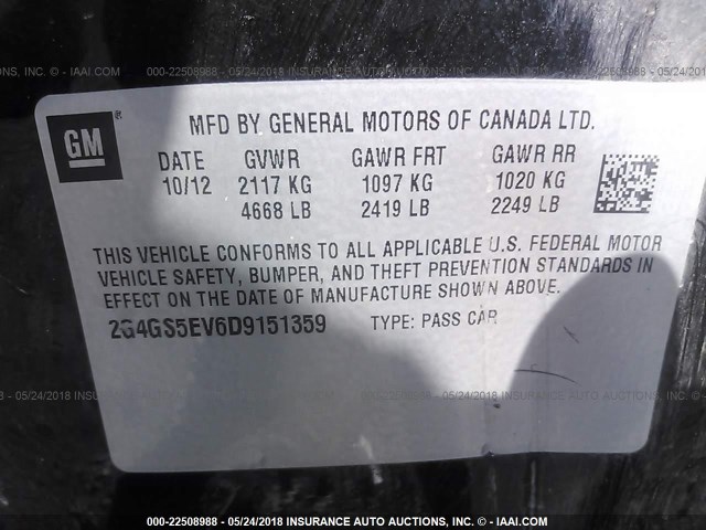 2G4GS5EV6D9151359 - 2013 BUICK REGAL PREMIUM BLACK photo 9