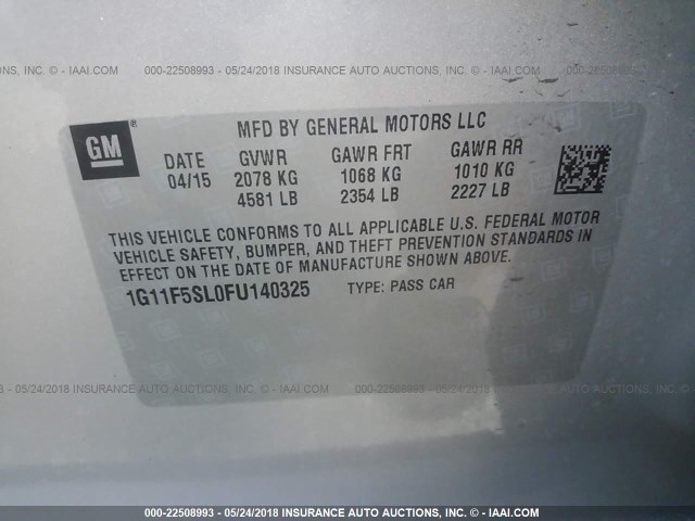 1G11F5SL0FU140325 - 2015 CHEVROLET MALIBU LTZ 银色 照片 9