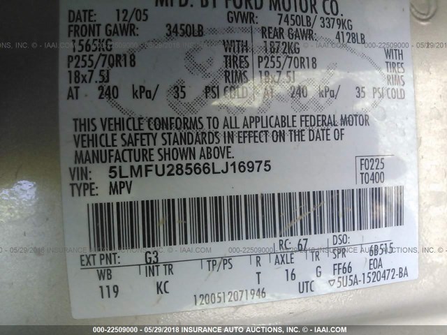 5LMFU28566LJ16975 - 2006 LINCOLN NAVIGATOR BEIGE photo 9