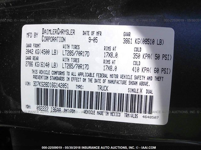 3D7KS28D16G142051 - 2006 DODGE RAM 2500 ST/SLT 灰色 照片 9