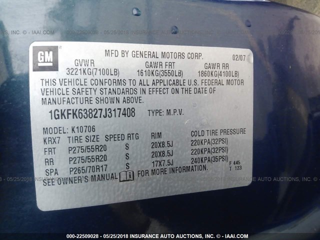 1GKFK63827J317408 - 2007 GMC YUKON DENALI BLUE photo 9