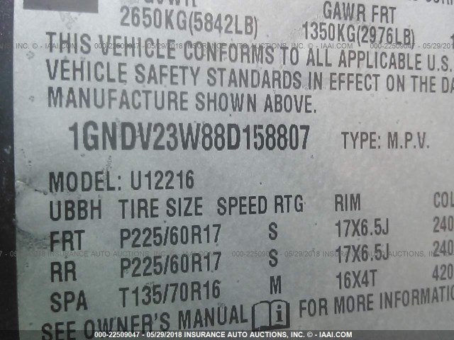 1GNDV23W88D158807 - 2008 CHEVROLET UPLANDER LS GRAY photo 9