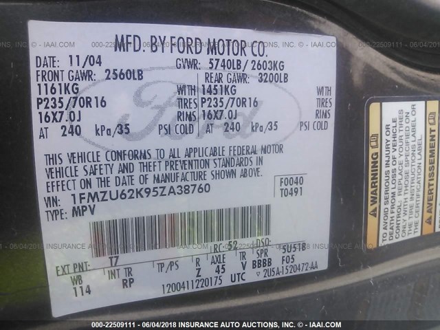 1FMZU62K95ZA38760 - 2005 FORD EXPLORER XLS/XLS SPORT GRAY photo 9