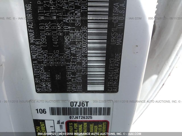 5TFRM5F12BX022536 - 2011 TOYOTA TUNDRA DOUBLE CAB SR5 WHITE photo 9