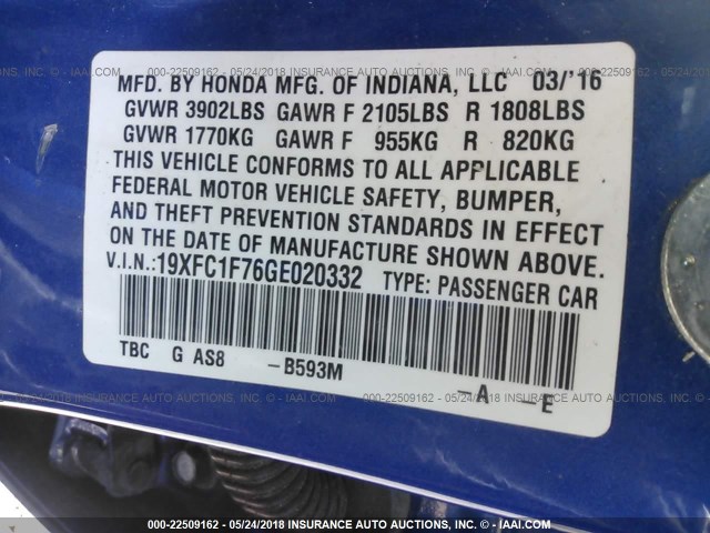 19XFC1F76GE020332 - 2016 HONDA CIVIC EXL BLUE photo 9