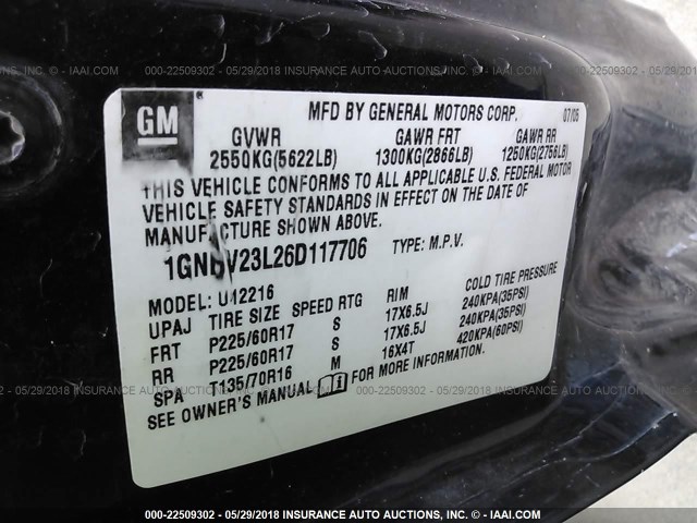 1GNDV23L26D117706 - 2006 CHEVROLET UPLANDER LS BLUE photo 9