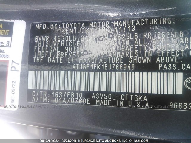 4T1BF1FK1EU766949 - 2014 TOYOTA CAMRY L/SE/LE/XLE 灰色 照片 9