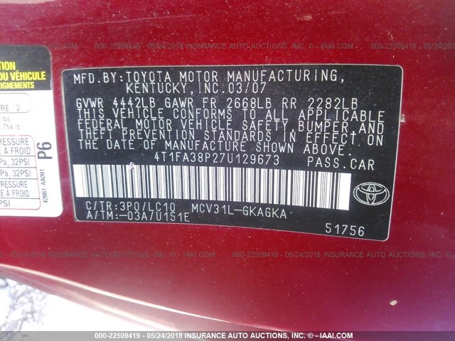 4T1FA38P27U129673 - 2007 TOYOTA CAMRY SOLARA SE/SLE წითელი ფოტო 9