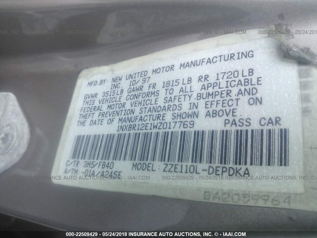 1NXBR12E1WZ017769 - 1998 TOYOTA COROLLA VE/CE/LE 香槟色 照片 9