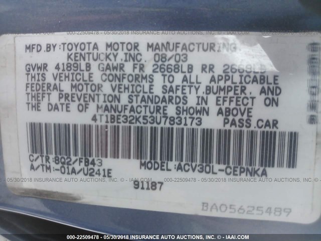 4T1BE32K53U783173 - 2003 TOYOTA CAMRY LE/XLE/SE ლურჯი ფოტო 9