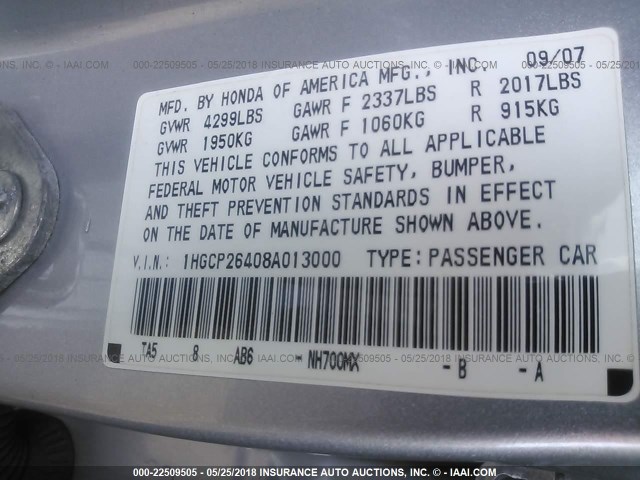 1HGCP26408A013000 - 2008 HONDA ACCORD LXP SILVER photo 9