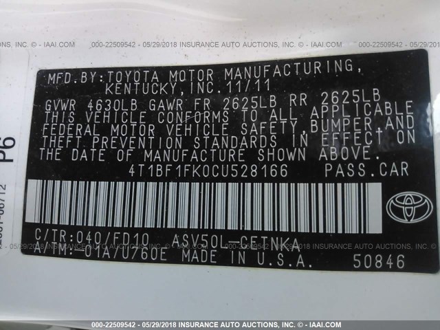 4T1BF1FK0CU528166 - 2012 TOYOTA CAMRY SE/LE/XLE 白色 照片 9