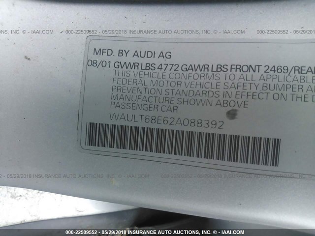 WAULT68E62A088392 - 2002 AUDI A4 3.0 QUATTRO SILVER photo 9