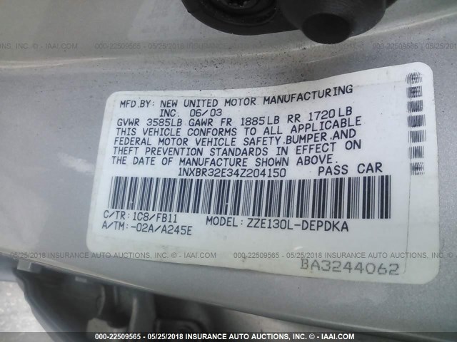 1NXBR32E34Z204150 - 2004 TOYOTA COROLLA CE/LE/S SILVER photo 9